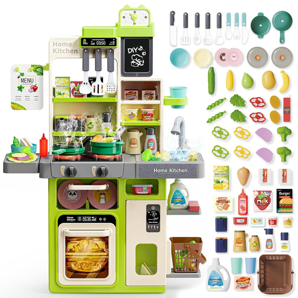 Kids Kitchen Playset Pretend Kitchen Toys for Toddlers with 63 Pcs Toy Kitchen Accessories Realistic Lights & Sounds Spray Play Sink and Play Food - Kitchen Set for Girls Boys Aged 3 4 5+ (Green)