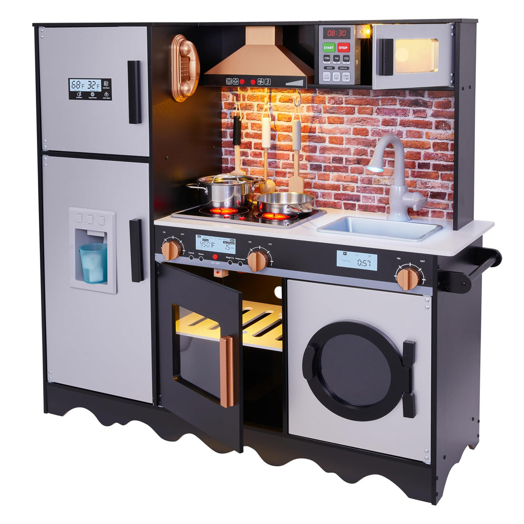 Lil Jumbl Jumbl Kids Kitchen Set Pretend Wooden Play Kitchen Battery Operated Icemaker Microwave Range Hood Stove Top Oven with Realistic Sound & Lights Pots Pan & Utensils Included