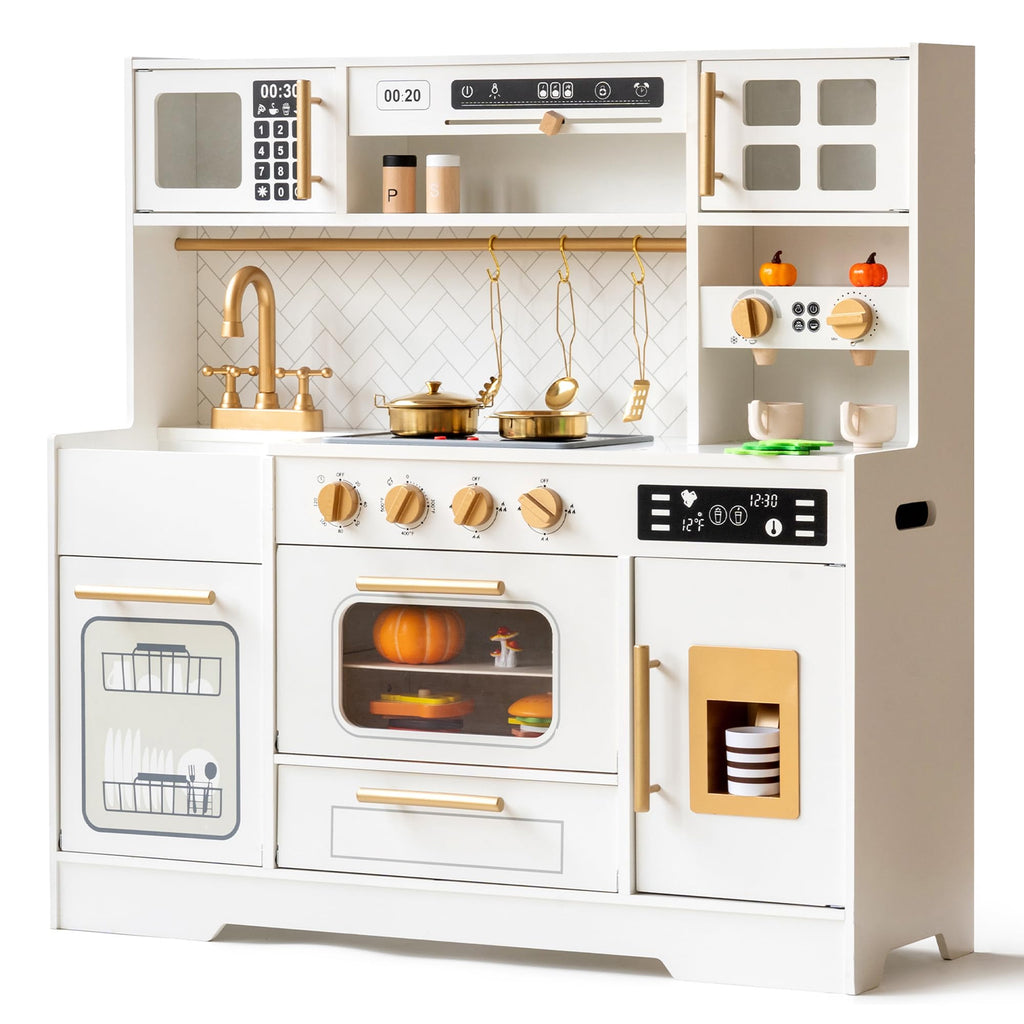 Interactive Wooden Play Kitchen Set for Kids: Realistic Features with Extended Storage and 15 Kitchen Accessories Ideal Pretend Playset Gift for Toddlers and Children Ages 3+
