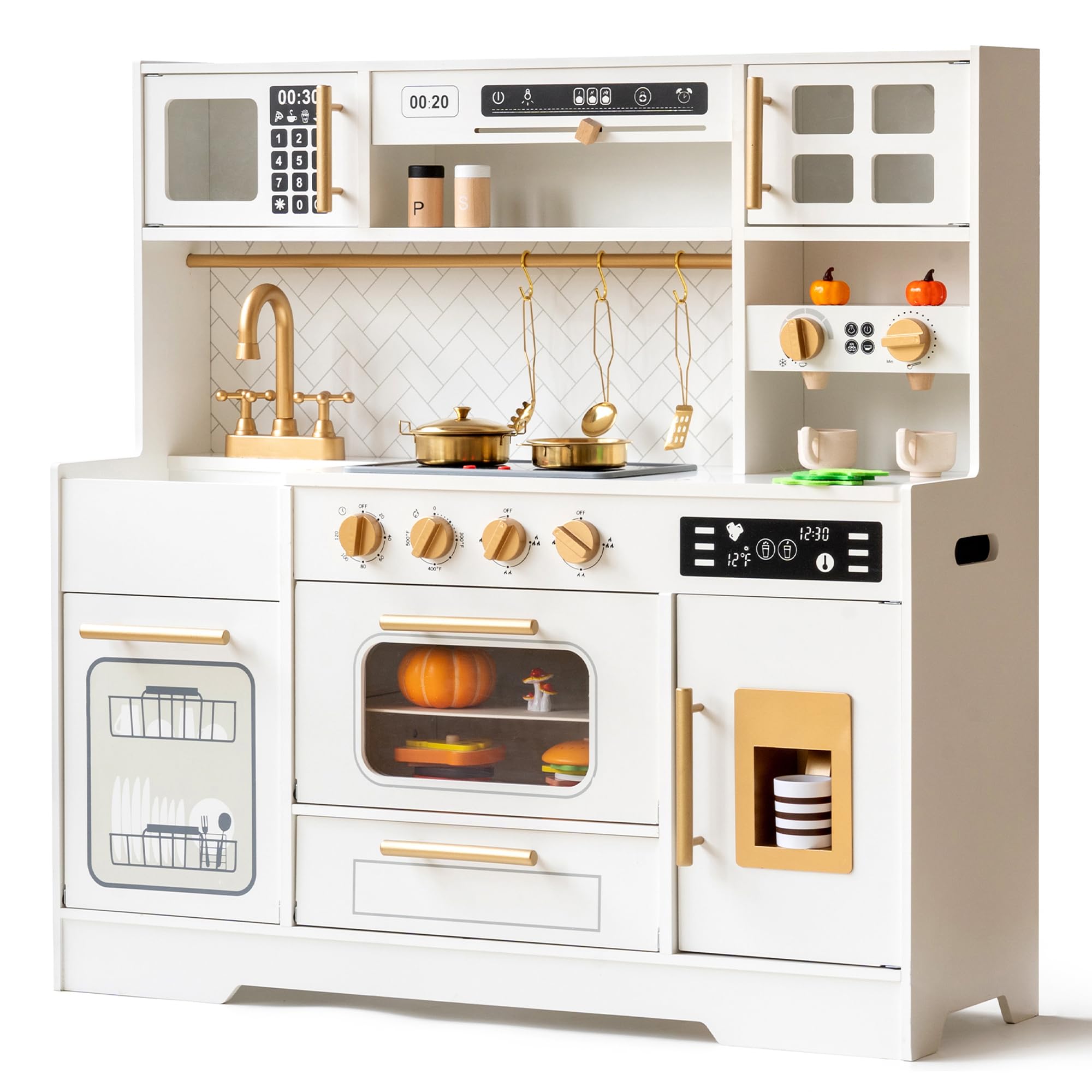 Interactive Wooden Play Kitchen Set for Kids: Realistic Features with Extended Storage and 15 Kitchen Accessories Ideal Pretend Playset Gift for Toddlers and Children Ages 3+