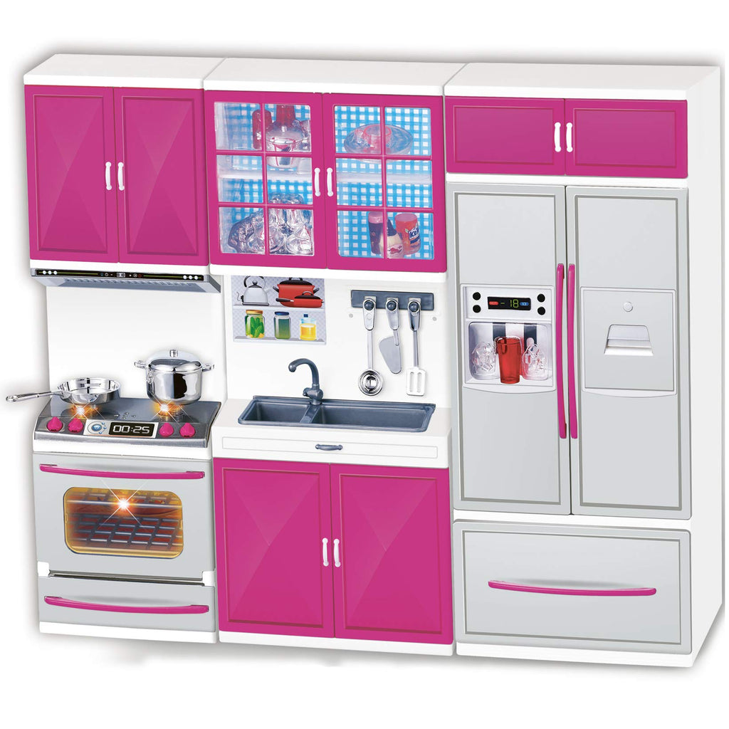 Liberty Imports Doll Kitchen Playset for Kids My Modern Mini Kitchen House Furniture Pretend Play Toy Accessories Set with Realistic Lights & Sounds for Toddlers Girls (3-in-1)