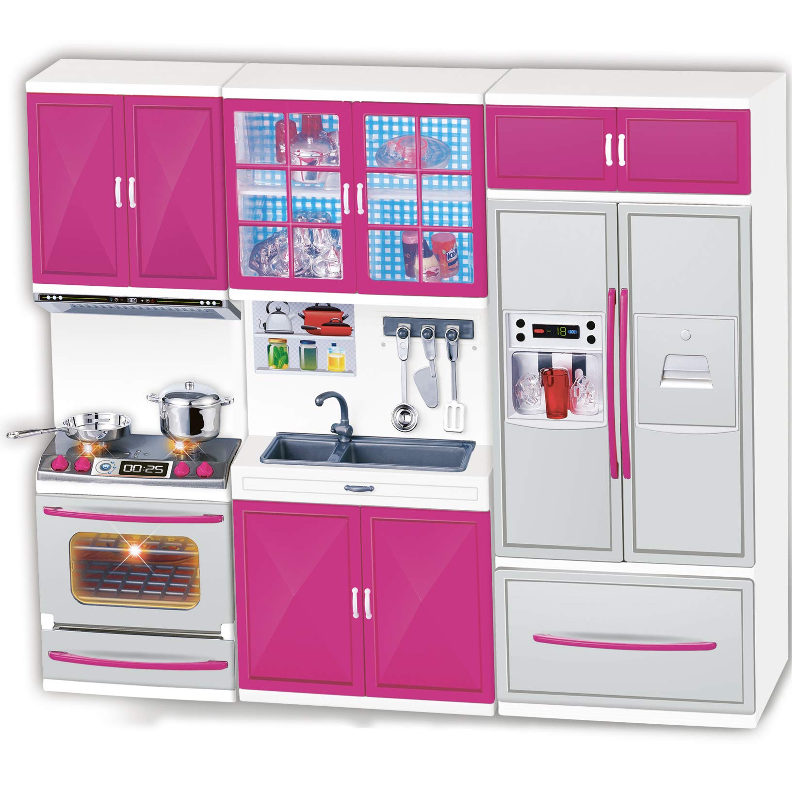 Liberty Imports Doll Kitchen Playset for Kids My Modern Mini Kitchen House Furniture Pretend Play Toy Accessories Set with Realistic Lights & Sounds for Toddlers Girls (3-in-1)