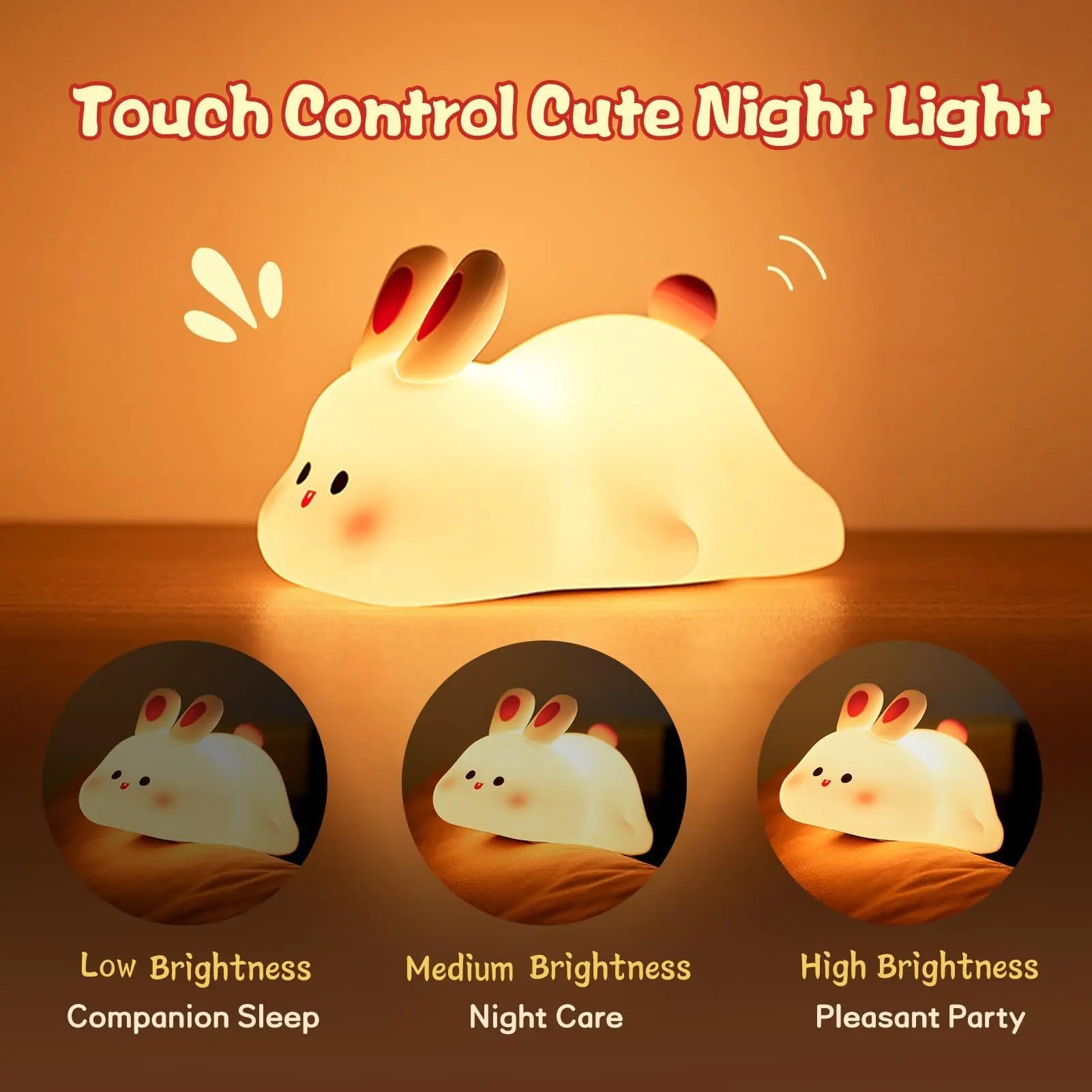 Cute LED Night Light Touch Sensor Cartoon Kid's Nightlights Big Face Rabbit Silicone Night Light Christmas Gift Bedside Lamp Home Decor - The Happy Package